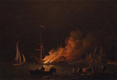 Barco en llamas por la noche, ca. 1756 de Charles Brooking