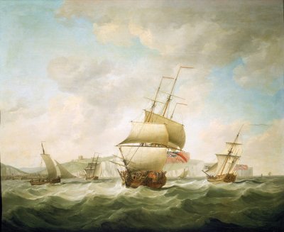 Barco mercante y yate real batidos por el viento, frente a la costa de Dover (Inglaterra). Óleo sobre lienzo, hacia 1750, de Charles Brooking (1723-1759). de Charles Brooking