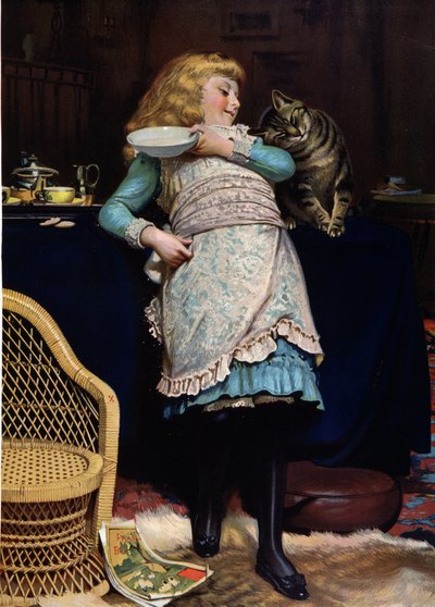 Niño con gato, por Burton Barber, cromo inglés de Charles Burton (after) Barber