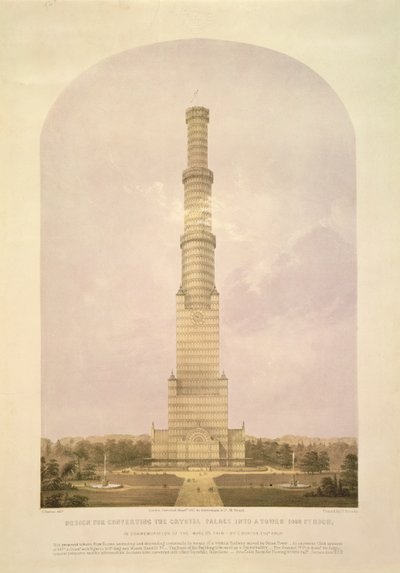 Diseño para Convertir el Palacio de Cristal en una Torre de 1000 pies de Altura, pub. por Ackermann y Co., 1852 de Charles Burton