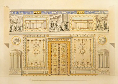 Elevación de una pared de puerta, salón de dibujo de Lyon, Palacio de Catalina en Tsarskoye Selo, principios de 1780 (pluma, pincel, tinta india y acuarela sobre papel) de Charles Cameron