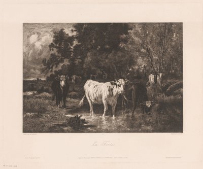 Paisaje con vacas al borde de un bosque La Forêt (título sobre objeto) de Charles Courtry