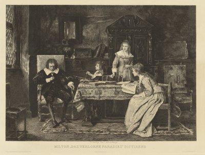 Milton, sentado en un sillón, dicta su paraíso perdido a una de sus hijas. In den r.r.h. Munkacsy en 1878. Al margen: Cap. Courty d