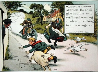 Advertencia de aproximación. Art. IV.(5) Él deberá dar una advertencia audible y suficiente... al adelantar a los peatones, de un libro de reglas de la carretera, publicado c.1905 de Charles Crombie