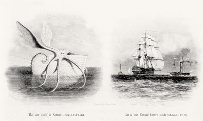 Un calamar gigante y dos barcos en el mar, grabado por George Cooke (1781-1834) de Charles Curtis