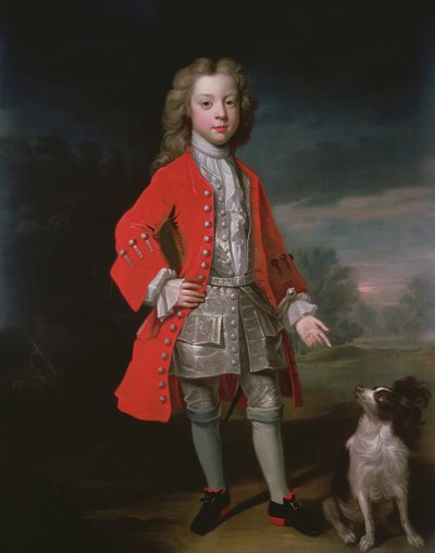 Retrato de un niño con chaqueta roja y su spaniel de Charles DAgar
