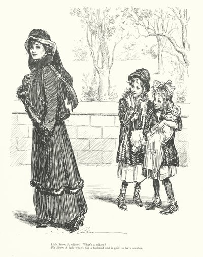 Hermanita: ¿Una viuda ¿Qué es una viuda Hermana Mayor: Una señora que ha tenido un marido y va a tener otro (lito) de Charles Dana Gibson
