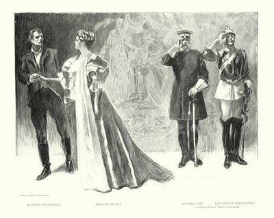 Rudolph Rassendyll, Princesa Flavia, Coronel Sapt, Teniente Bernenstein (litografía) de Charles Dana Gibson