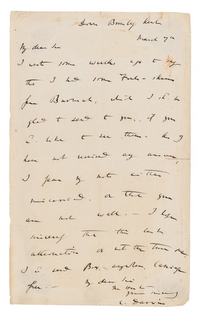 Carta autógrafa firmada de Charles Darwin