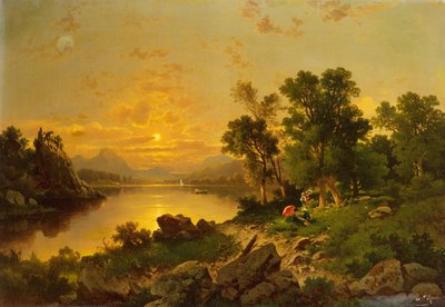 Un extenso paisaje lacustre (óleo sobre lienzo) de Charles Delfauer
