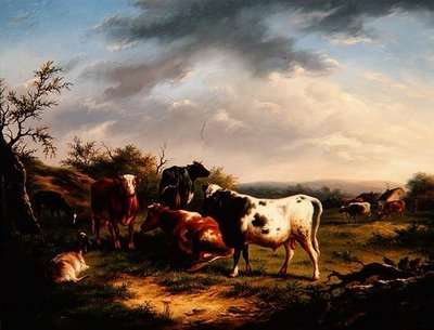 Ganado y ovejas en un paisaje (uno de un par) de Charles Desan