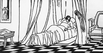 Melisande visitando a Golaud, que está en la cama después de caerse de su caballo, xilografía de Charles Doudelet para Pelleas y Melisande de Maurice Maeterlinck, publicada por Claudio Argentieri, Spoleto, Italia de Charles Doudelet