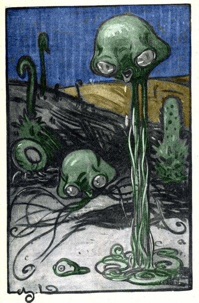 Ilustración de M. Dudouyt para la novela de H. G. Wells (1866-1946) "La guerra de los mundos"; representación de los habitantes del planeta Marte. de Charles Dudouyt
