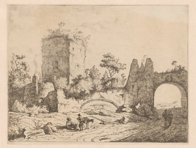 Paisaje con ruinas de una torre y una puerta. Estampas con ruinas en paisajes (título de la serie) Cahier de ruines et de paysages (título de la serie) de Charles Echard (attributed to)