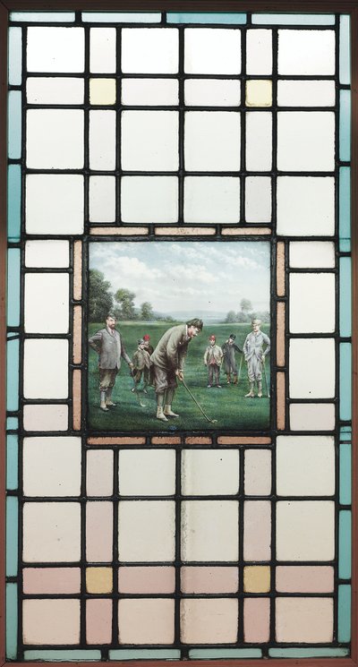 Una ventana de vidrio emplomado de finales de la época victoriana con los golfistas, c. 1890 de Charles Edmund Brock