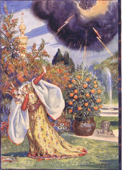 Apareció una nube espesa de la cual salían rayos, escena de Sucna Murga en Cuentos infantiles de leyendas rumanas por Moses Gaster (1856-1939) 1921 de Charles Edmund Brock