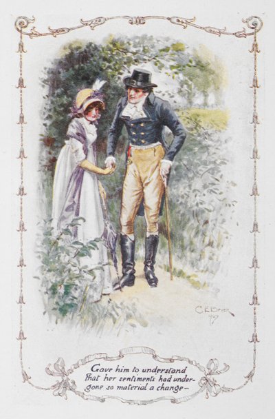 Le dio a entender que sus sentimientos habían sufrido un cambio tan material", Elizabeth Bennet y el Sr. Darcy, ilustración de 