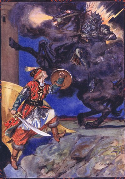 He venido a luchar contigo, ladrón de mi amado, escena de Sucna Murga en Cuentos infantiles de leyendas rumanas por Moses Gaster (1856-1939) 1921 de Charles Edmund Brock