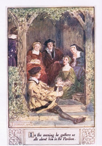 Por la noche nos reúne a todos alrededor de él en el pabellón de Charles Edmund Brock