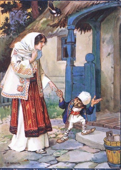 El hermanito Bit llevó a su hermosa novia a la casa que había construido para ella, escena de El hermanito Bit en Cuentos infantiles de leyendas rumanas por Moses Gaster (1856-1939) 1921 de Charles Edmund Brock