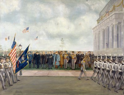 El mariscal Joffre en misión a Washington inspeccionando a los estudiantes de West Point, primavera de 1917, por Charles Edmund Brock (1870-1938), Primera Guerra Mundial, Estados Unidos, siglo XX de Charles Edmund Brock