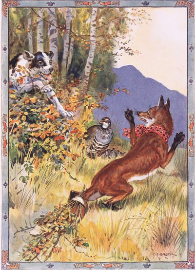 Del arbusto saltó el perro, escena de La Historia de la Perdiz, el Zorro y el Sabueso en Historias Infantiles de Leyendas Rumanas de Moses Gaster (1856-1939) 1921 de Charles Edmund Brock