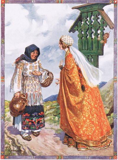 La Princesa... le pidió que cambiara la ropa de campesina por sus vestiduras reales, escena de Buena Suerte y Mala Suerte en Historias Infantiles de Leyendas Rumanas de Moses Gaster (1856-1939) 1921 de Charles Edmund Brock