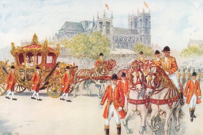 El carruaje de coronación gira hacia el Embankment (litografía a color) de Charles Edmund Brock