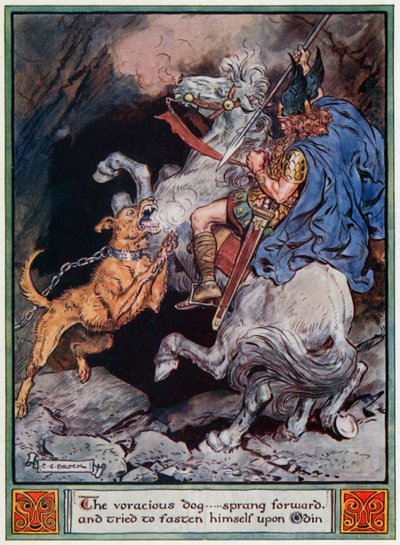 El perro voraz... saltó hacia adelante e intentó aferrarse a Odín, ilustración de 