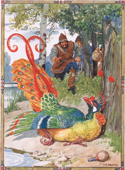 Cuando intentó volar, encontró sus alas demasiado pesadas, escena de El Caballero de las Flores en Historias Infantiles de Leyendas Rumanas de Moses Gaster (1856-1939) 1921 de Charles Edmund Brock