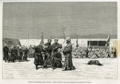 Ejercicios de manipulación de rifles Taifourchi, tropas armadas y entrenadas por los militares chinos, dibujo de Delort, para ilustrar los recuerdos de una embajada inglesa en Kachgar (o Kashi, China) en 1873-74, por Mr. Chapman y Gordon. Grabado en Le tou de Charles Edouard Delort