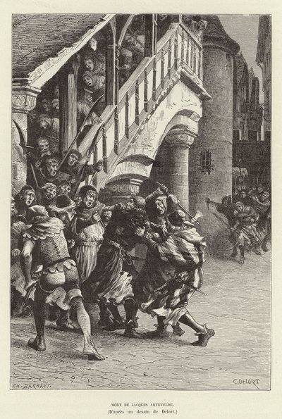 Muerte de Jacques Artevelde. Muerte del comerciante flamenco y líder político Jacob van Artevelde a manos de una multitud, Gante de Charles Edouard Delort