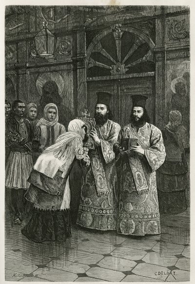 Sacerdotes dando a besar las imágenes santas, grabado por Ch. Delort, para ilustrar el viaje de Henri Belle a Grecia en 1861, 1868 y 1874, publicado en el tour du monde, bajo la dirección de Edouard Charton de Charles Edouard Delort