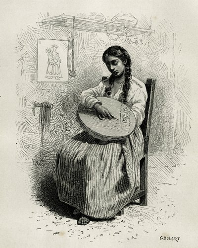 El bordador, en Salento, región de Quindío (Colombia), grabado por Ch.Delort, para ilustrar la historia de América Equinoccial por E.Andre, misión encargada por el gobierno francés, publicado en Le tour du monde, bajo la dirección de Edouard Charton de Charles Edouard Delort
