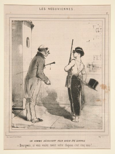 Un hombre descubierto para haber sido sorprendido (Un hombre descubierto por haber sido sorprendido), de la serie Les Vesuviennes publicada en Le Charivari de Charles Edouard de Beaumont