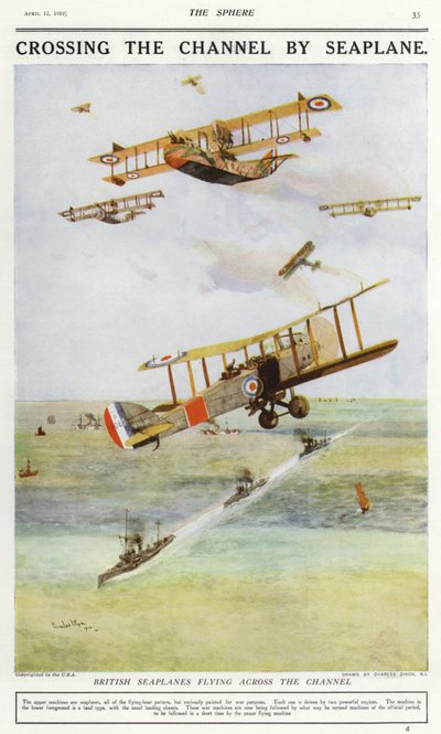 Hidroaviones británicos volando sobre el Canal de la Mancha (litografía en color) de Charles Edward (after) Dixon