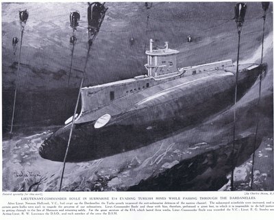 El Teniente Comandante Boyle galardonado con la VC por evadir minas turcas en su submarino al pasar por los Dardanelos 1915 de Charles Edward Dixon