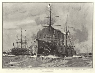 La Partida de Mr Chamberlain hacia Sudáfrica, H M S Good Hope saliendo del Puerto de Portsmouth de Charles Edward Dixon