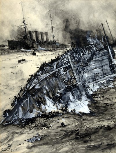 Hundimiento del HMS Hogue, Cressy y Aboukir de Charles Edward Dixon