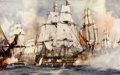 La victoria en Trafalgar. Buque insignia de Nelson acercándose al Santísima Trinidad de Charles Edward Dixon