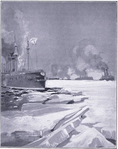 Escuadrón de Vladivostok forzando su salida a través del hielo del puerto de Vladivostok, ilustración de la Historia de la Guerra Ruso-Japonesa de Cassell Vol 1, c.1900 de Charles Edward Dixon