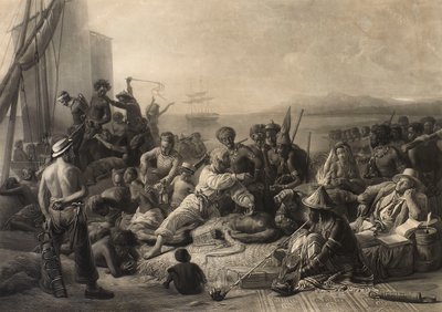 Escena en la costa de África": esclavos y amos esperan ser transportados al extranjero. de Charles Edward Wagstaff