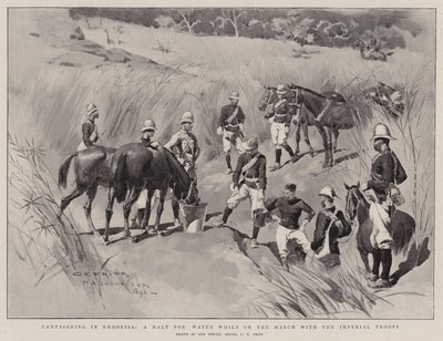 Campaña en Rodesia, una parada para agua mientras marchan con las tropas imperiales de Charles Edwin Fripp