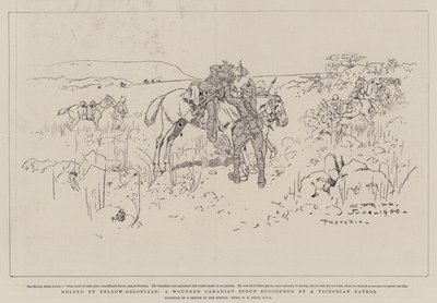 Ayudado por compañeros coloniales, un explorador canadiense herido auxiliado por una patrulla victoriana de Charles Edwin Fripp