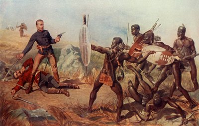 Tenientes Melvill y Coghill del 24º Regimiento muriendo para salvar los colores de la Reina de Charles Edwin Fripp