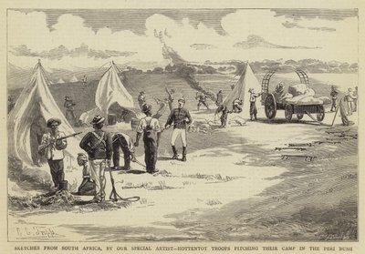 Bocetos de Sudáfrica, tropas hotentotes montando su campamento en el Peri Bush de Charles Edwin Fripp