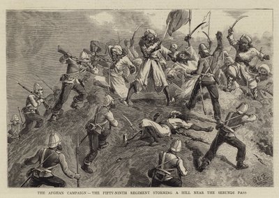 La Campaña Afgana, el Quincuagésimo Noveno Regimiento asaltando una Colina cerca del Paso Sebundi de Charles Edwin Fripp