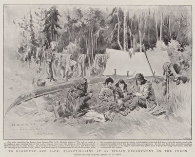 Al Klondike y de Vuelta, Fabricación de Cestas en un Campamento Indio en el Yukón (litografía) de Charles Edwin Fripp