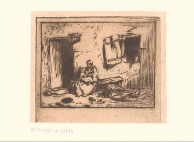 Mujer con niño en un banco contra una fachada de Charles Emile Jacque (attributed to)