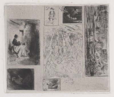 Placa compuesta: Mujer y niños, Viejo músico, Comerciante friendo, Paisaje de Charles Emile Jacque